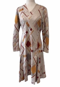 Vintage 70s Long Fit & Flare Dress S/M Wool Blend Geometric Print Beige Gold - Picture 1 of 10