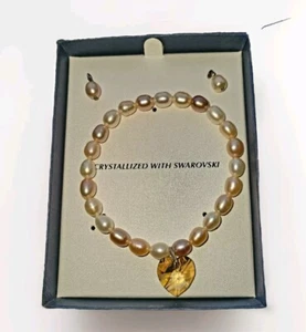 Swarovski CHAMPAIGN Heart Freshwater Pearl Stretch Bracelet Earrings NEW IN BOX - Picture 1 of 4