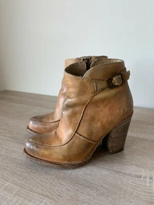 Bed Stu Isla Boots Short Ankle Booties Brown Tan Distressed Leather 6 High Heel - Picture 1 of 4