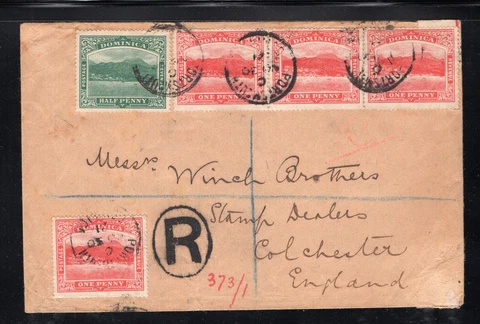 Dominica 1921 Portsmouth to UK Registered cover w/ 1/2p & 4 x 1p, Scott 50-51 Cover