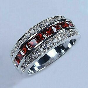 14K White Gold Plated Silver 2.00Ct Princess Red Garnet Men's Wedding Band Ring