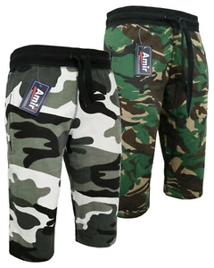Men's Army Camo Camouflage Fleece 3/4 Shorts Zip Pockets Pull Cord Jogger S-2XL - Picture 1 of 13
