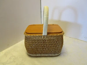 Vintage Wicker handbag box purse acrylic inside Vinyl handle Mod Germany 9"W - Picture 1 of 9