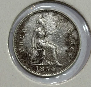 1854 Great Britain 4 Pence - Victoria 0.925 Silver Grout Coin - Foto 1 di 3