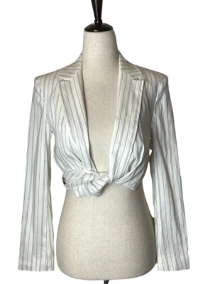 Zara Blazer Women XS Ivory Black Pin Stripe Long Sleeve Cropped Twist Front NWT - Image 1 of 4