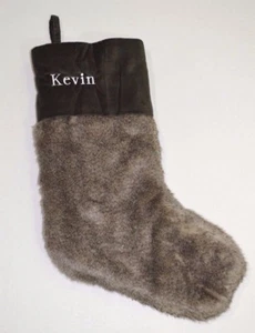 Pottery Barn Velvet Cuff Faux Fur Gray Christmas Stocking KEVIN - Picture 1 of 5