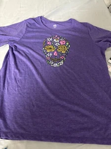 Womens XLarge (16-18) Purple Short Sleeve Shirt Flower Skull E-12 - Picture 1 of 3