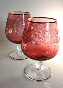Pair Vintage JJ Imperial Bohemian Ruby Glass Brandy Snifters pin wheel engraved - Picture 1 of 10
