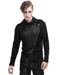 Devil Fashion Mens Dieselpunk Gothic Top Black Apocalyptic Punk Shredded Sweater - Picture 1 of 12