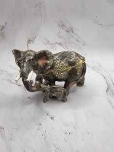 Elephant Mom & Baby Calf Trinket Box, hinged, jeweled enameled  - Picture 1 of 6