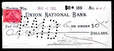 HICK GIRL-USED U.S. UNION  NATION BANK CHECK WITH DOCUMENTARY STAMP         A1 - Image 1 of 2