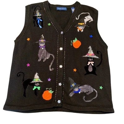 VTG Karen Scott Halloween Sweater Vest Flocked Black Cats Sm Beaded Embroidery - Image 1 of 4