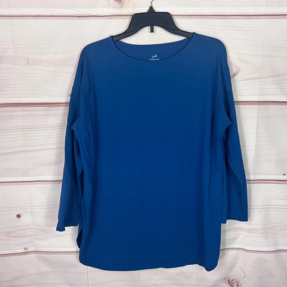 J Jill Top Womens L Blue Luxe Supima Cotton Tunic Shirt Long Sleeve Round Neck - Image 1 of 4