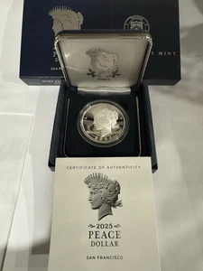 2025 S 99.9% SILVER PROOF PEACE SILVER DOLLAR WITH OGP AND COA.  - Picture 1 of 21
