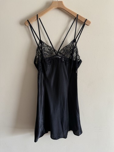 UNDERCOVER Mini abito slip vintage Y2K Victorias Secret grande L nero raso con bordo in pizzo
