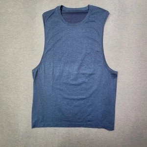 Lululemon Tanktop Herren Large blau Metallschlitz schmale Passform Fitnessstudio Training Logo - Bild 1 von 8