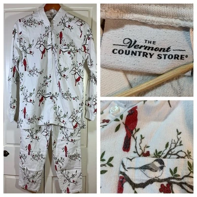 The Vermont Country Store Flannel Pajama Set Cardinals Chickadees Bird Lover PJs - Image 1 of 4