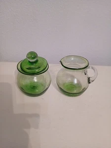 Studio Hand Blown Glass Bright Green Creamer Cream & Sugar 3 Piece Set Thick - Picture 1 of 8