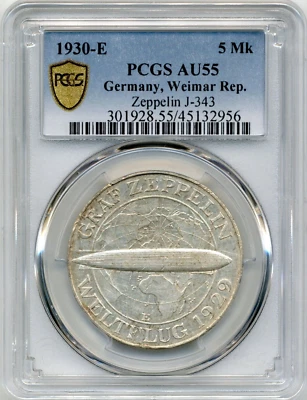 1930-E 5 Reichsmark Germany - Weimar Republic Zeppelin - PCGS AU55 - Image 1 of 3