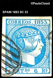 SPAIN 1853 SC 3 QUEEN ISABELLA II DEEP BLUE 6r UNG PARTIAL GRID CANCEL FINE/VF - Picture 1 of 2