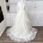 Vintage 50s 60s Handmade Long Sleeve Floral Lace Pleated Ruffle Wedding Gown XS