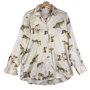 Zara White Tiger Print Shirt Blouse women's button up Size M Long sleeve Top - Picture 1 of 6