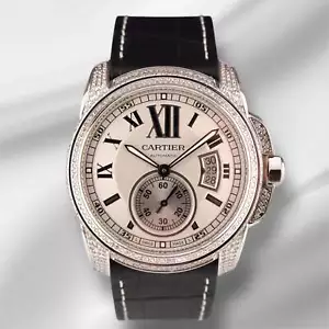 Cartier Calibre 42mm Men's Steel Watch White Dial Iced 2.5ct Diamonds Ref 3389 - Picture 1 of 13