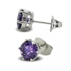 Amethyst 9ct White Gold Filled Womens Stud Earrings Large 7mm Crystals 9K GF - Picture 1 of 4