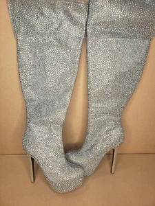 Bella Luna Knee High Boots Silver Rhinestones Stiletto Top Folds Over 6in Heel - Picture 1 of 12