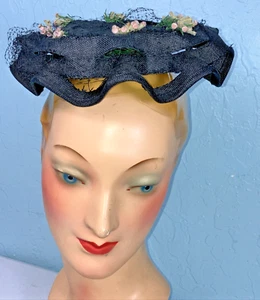 Unusual 40s 50s piecrust brim floral straw hat Vintage - Picture 1 of 4