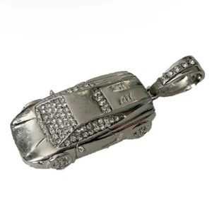 Rhinestone Silver Tone Large Sports Car Necklace Chain Pendant Bling Hip Hop Big - Picture 1 of 18