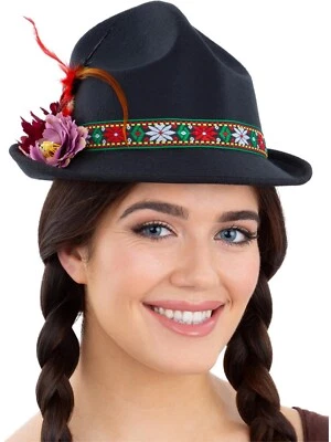 Sombrero Bávaro Negro Oktoberfest Adulto Pluma Flor Dirndl Trenker Vestido Elegante Foto 1 de 2