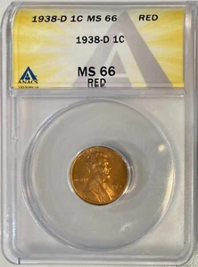 1938-D Lincoln Cent (Wheat Penny), ANACS MS-66 Red - Picture 1 of 2