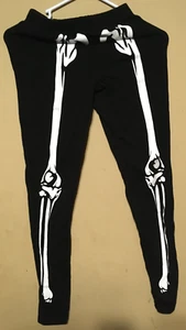 WOMEN'S BLACK HEART BLACK SKELETON GLOW IN THE DARK LEGGINGS SMALL / WRONGWAY052 - Picture 1 of 9