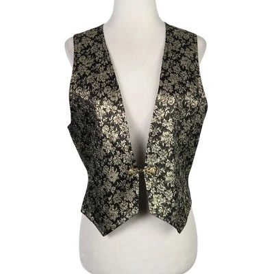 Vintage 90s Black and Metallic Gold Floral Vest S - Image 1 of 4