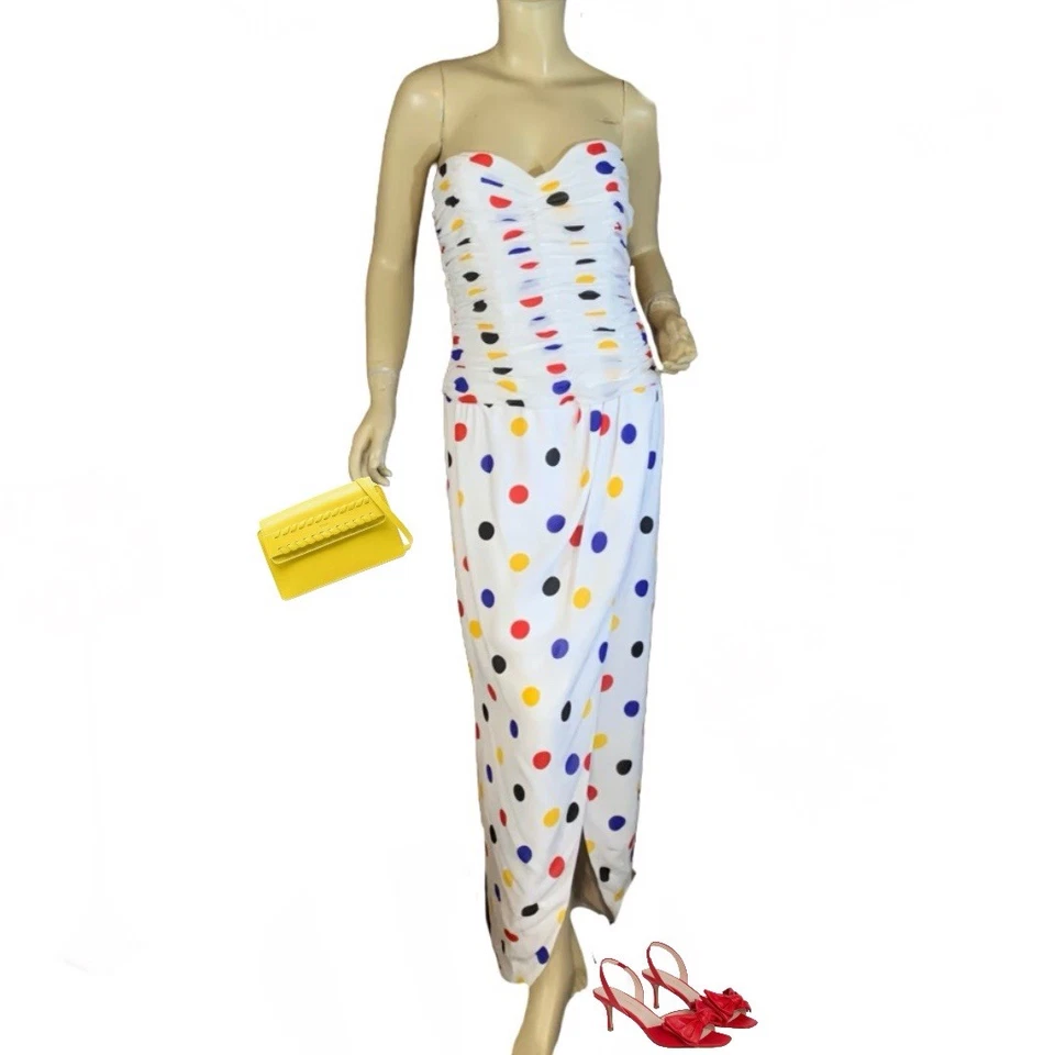 WOMEN'S VINTAGE 1980'S VICTOR COSTA POLKA DOT MULTI COLOR STRAPLESS DRESS SZ 10 - Image 1 of 4