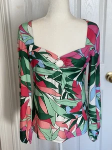 Boston Proper Tropical Pink Green Blue White Keyhole Long Sleeved Top, Small S - Bild 1 von 3