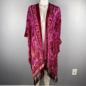 Kimono Plumero Ky Soreco Talla Única Boho Rosa Rojo Floral Burnout Terciopelo Flecos - Imagen 1 de 9