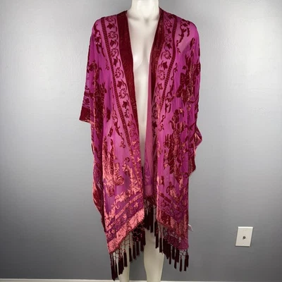 Kimono Plumero Ky Soreco Talla Única Boho Rosa Rojo Floral Burnout Terciopelo Flecos Foto 1 de 4