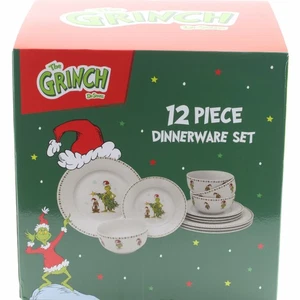 Dr Seuss Grinch Max Dog Dinner Salad Plates Bowls Set 12 Piece Christmas - Picture 1 of 2