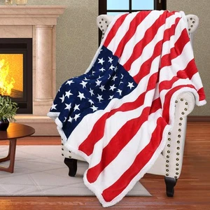 Catalonia Patriotic US Flag Blanket, American National Flag Throws, Sherpa - Picture 1 of 7