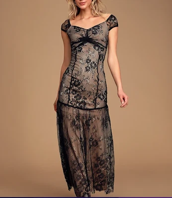 Vestido maxi Lulus novo com etiquetas preto renda tamanho M bainha de sereia cílios renda - Imagem 1 de 4