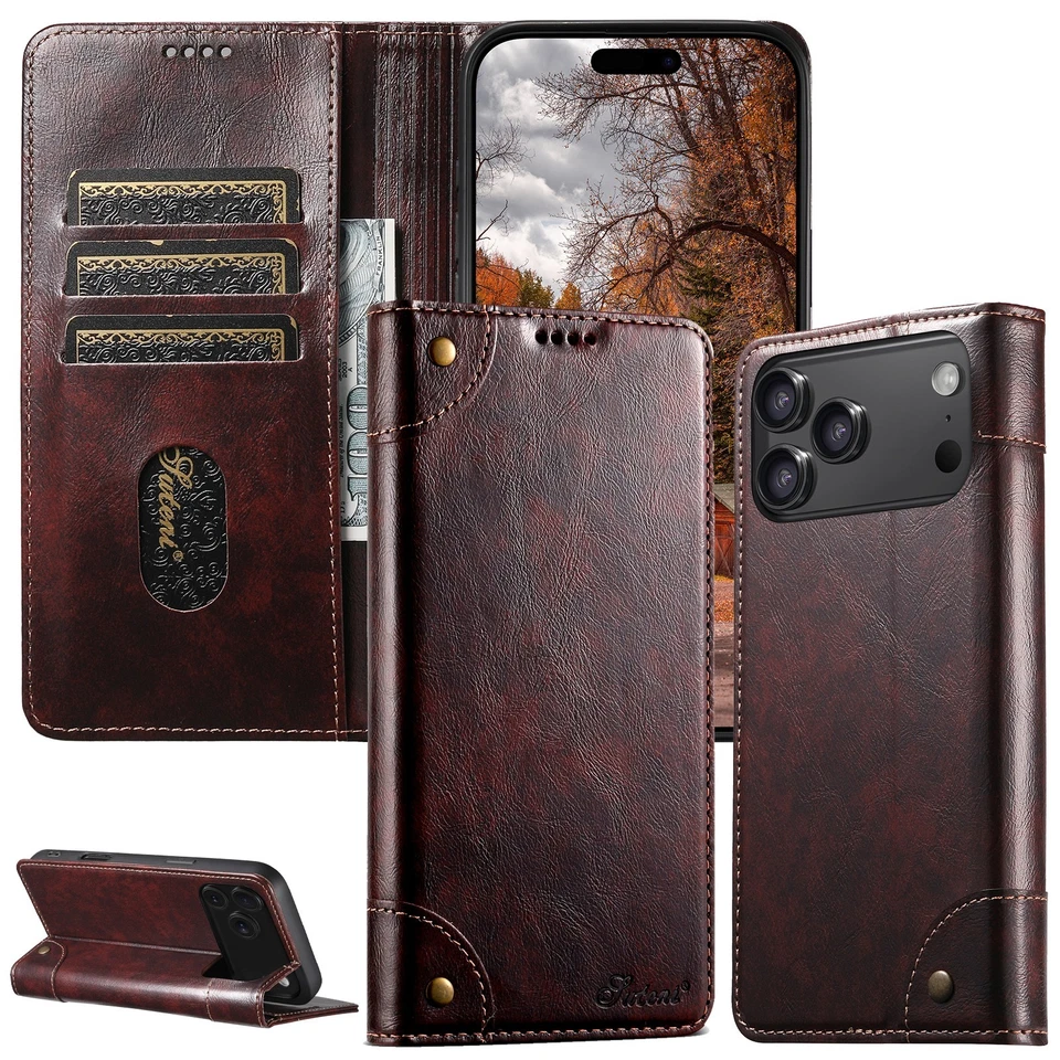 Funda tipo billetera retro de cuero PU abatible para iPhone 17 Pro Max 16 15 14 13 12 11 Foto 1 de 4