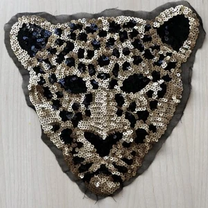 Large Leopard Head Sew on Patch-Black & Copper Gold Sequins on Mesh SIZE 10"x10" - Picture 1 of 1