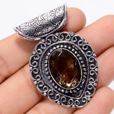 Lab-Created Smoky Quartz Gemstone 925 Silver Handmade Pendant 1.7" ARP-4130 - Image 1 of 3