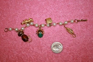 Vintage HOBCO Charm Bracelet Cat, Dog, Scarab, Man in Dog House - Picture 1 of 4