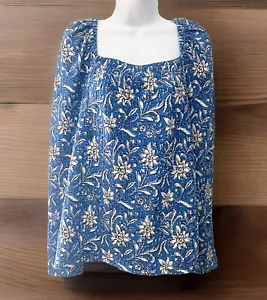 LOFT Größe L Pintuck Bluse Boho quadratischer Ausschnitt Bauernoberteil blau Blumenmuster langärmelig - Bild 1 von 4