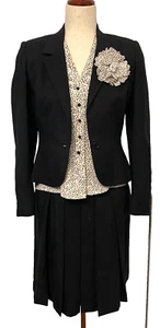 Vintage DAVID HAYES Black Skirt Suit Size 4 Ivory Polka Dot Silk Blouse Blazer - Picture 1 of 23