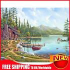 (DE1857) Art 5D Drill Wood House by Lake DIY Painting Full Picture Diamond Round