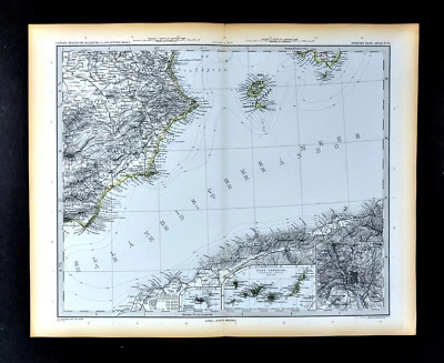 1892 Stieler Map SE Espanha Ibiza Valência Cartagena Argélia Ilhas Canárias Madrid - Imagem 1 de 2